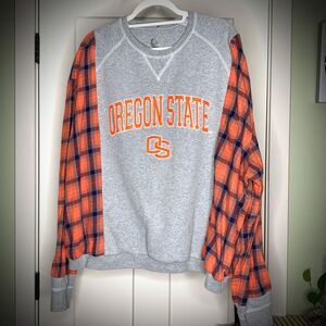 Upcycled Oregon State University Sweatshirt with Flannel Sleeves Oversized Fit